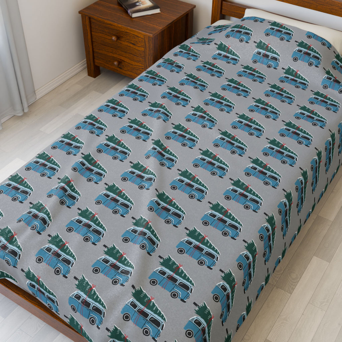 Camper van blanket featuring vintage Volkswagen buses with Christmas trees, cozy throw for road trip enthusiasts.