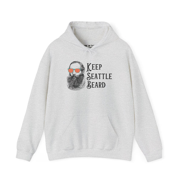 Keep Seattle Beard hoodie featuring vintage-style bearded man with sunglasses, perfect for Seattle's cool vibe.