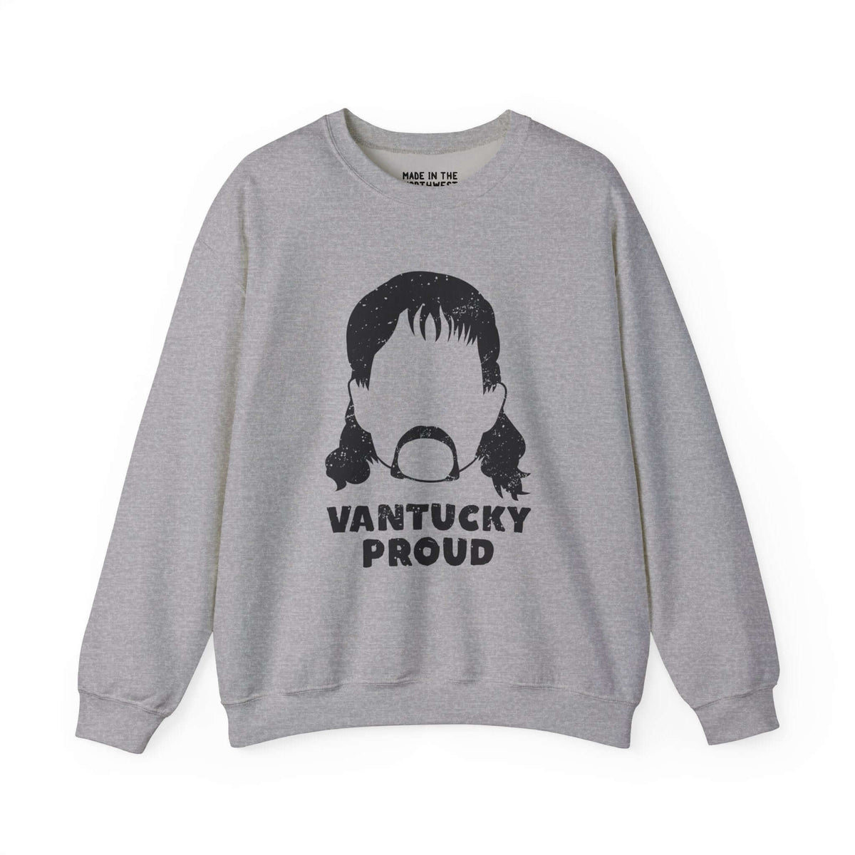 Gray Vantucky Proud sweatshirt featuring a graphic of Rusty McCoy, symbolizing resilience and hard work from the 'Couve.