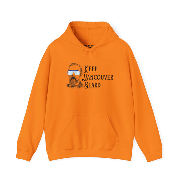 Orange hoodie featuring 'Keep Vancouver Beard' text and a vintage bearded icon, ideal for casual adventures.