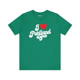 I Love Portland T Shirt in green, featuring cursive design that celebrates Oregon hometown pride.