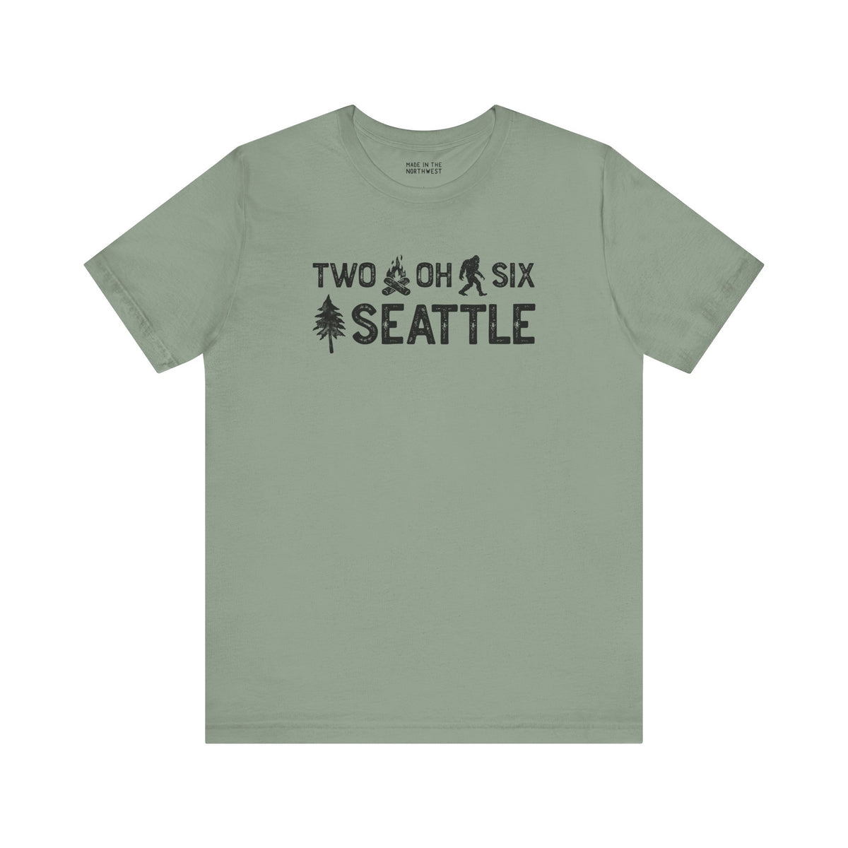Two Oh Six Roots premium soft tee in green showcasing Seattle pride with axe and tree design.