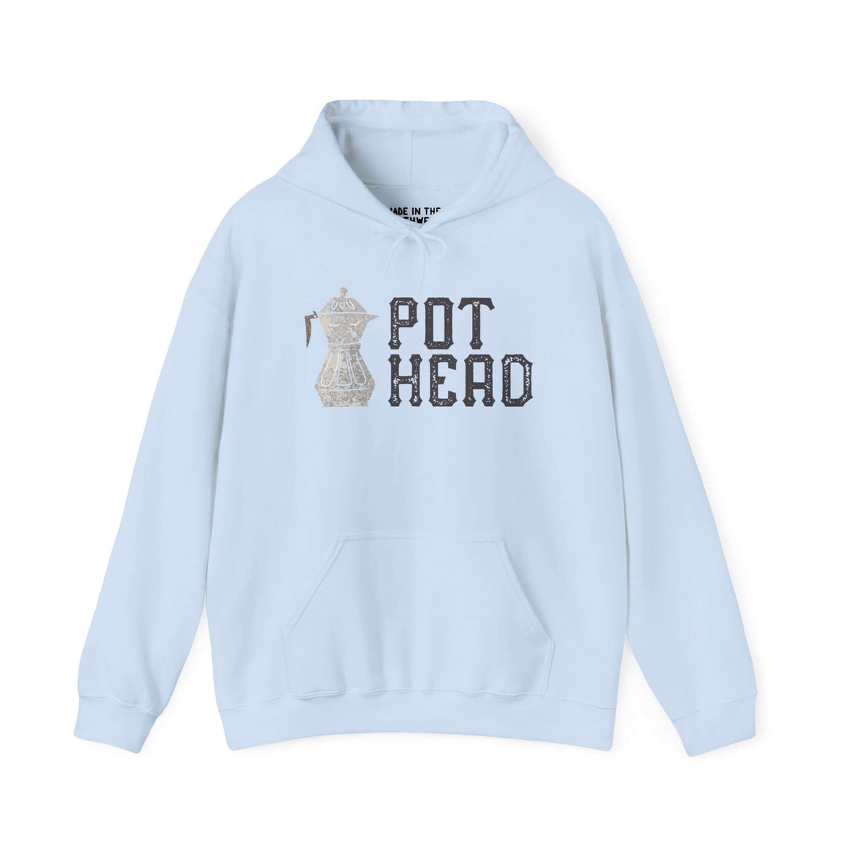 Light blue coffee-themed hoodie with Moka pot graphic and "Pot Head" text for espresso lovers.