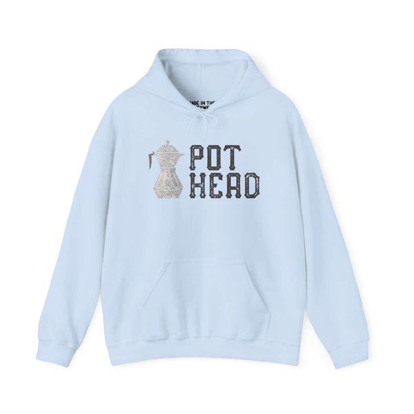 Light blue coffee-themed hoodie with Moka pot graphic and "Pot Head" text for espresso lovers.