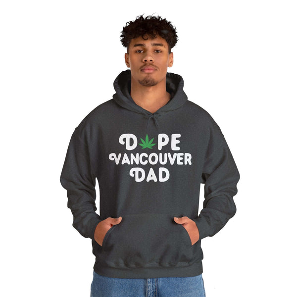 Man wearing a Dope Vancouver Dad hoodie with a marijuana leaf design, representing Washington state's cool dad style.