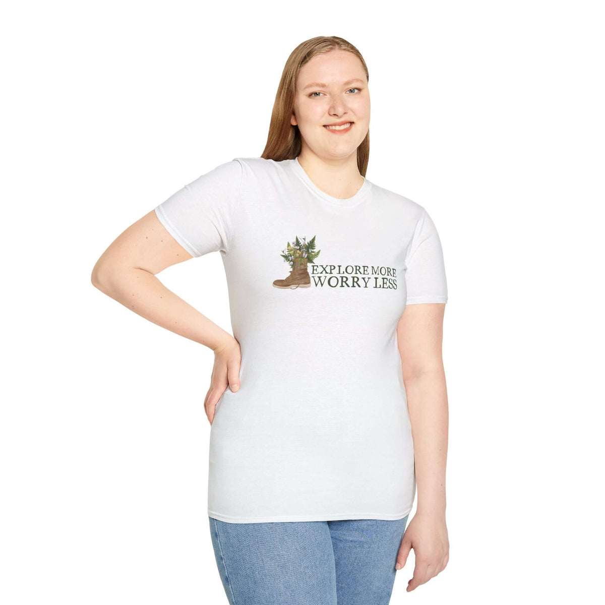 Unisex softstyle t-shirt featuring 'Explore More Worry Less' design with a watercolor hiking boot and plants.