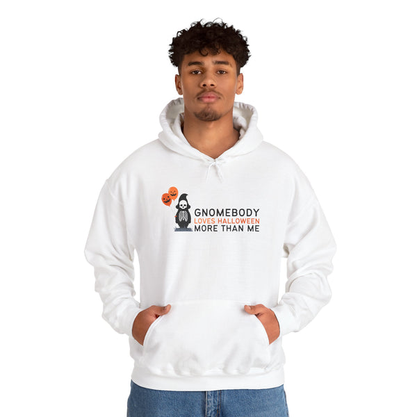 Gnomebody Loves Halloween More Than Me hoodie with skeleton gnome and Halloween balloons, perfect for the spooky season.