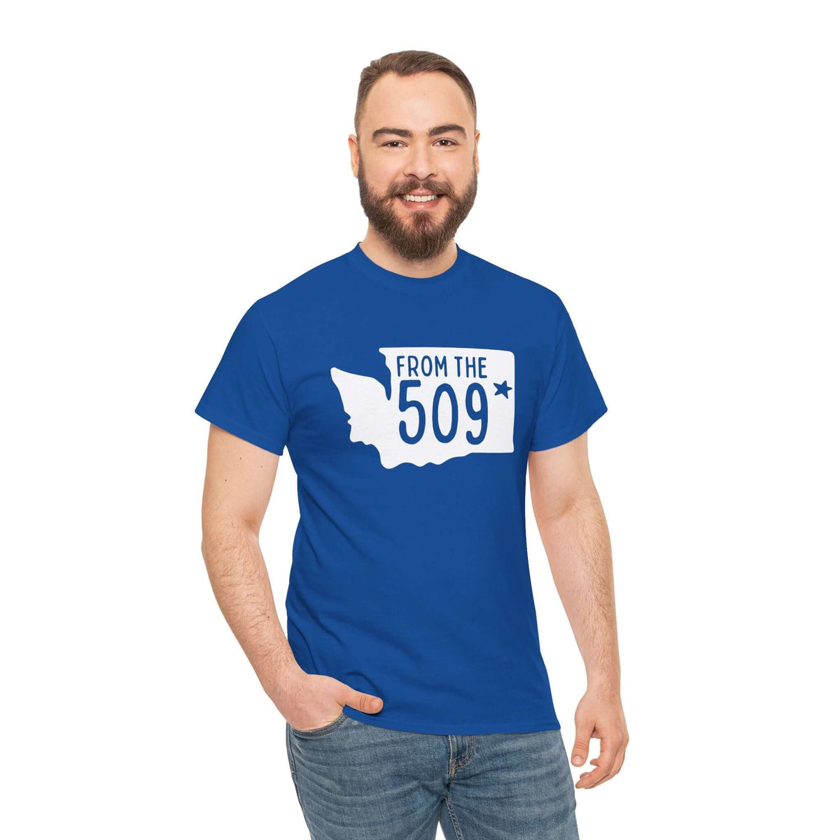 Blue "From the 509" tee with Washington state silhouette and Spokane star, worn by man.