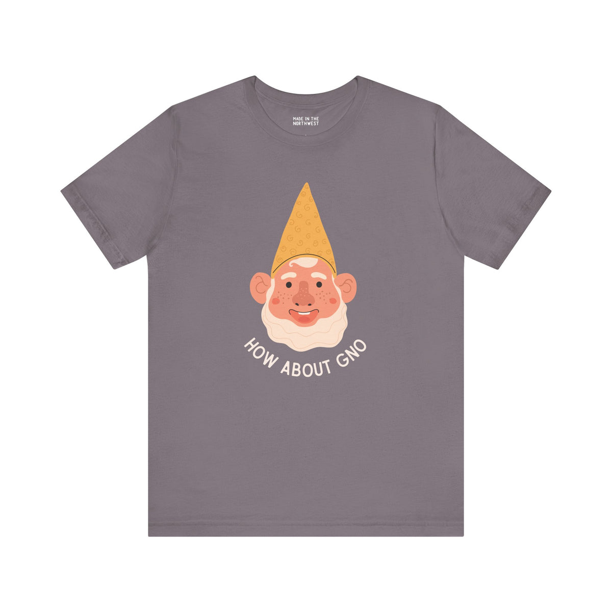 Grey soft tee featuring a playful gnome design with the text 'How About Gno' for gnome lovers.