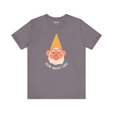 Grey soft tee featuring a playful gnome design with the text 'How About Gno' for gnome lovers.
