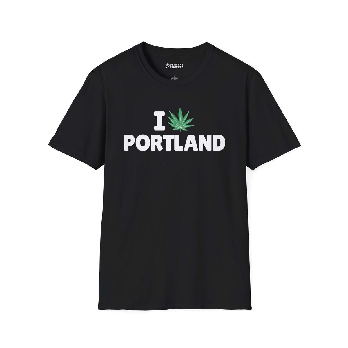 I Marijuana Portland T Shirt featuring bold graphic design on a black tee, celebrating Portland's relaxed culture.