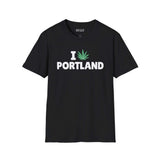 I Marijuana Portland T Shirt featuring bold graphic design on a black tee, celebrating Portland's relaxed culture.