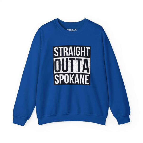 Blue "Straight Outta Spokane" sweatshirt showcasing bold streetwear style and city pride.