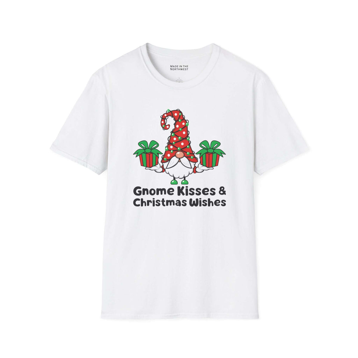 Gnome Kisses and Christmas Wishes T Shirt featuring a gnome with a candy-cane hat and two wrapped gifts.