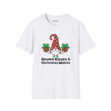 Gnome Kisses and Christmas Wishes T Shirt featuring a gnome with a candy-cane hat and two wrapped gifts.