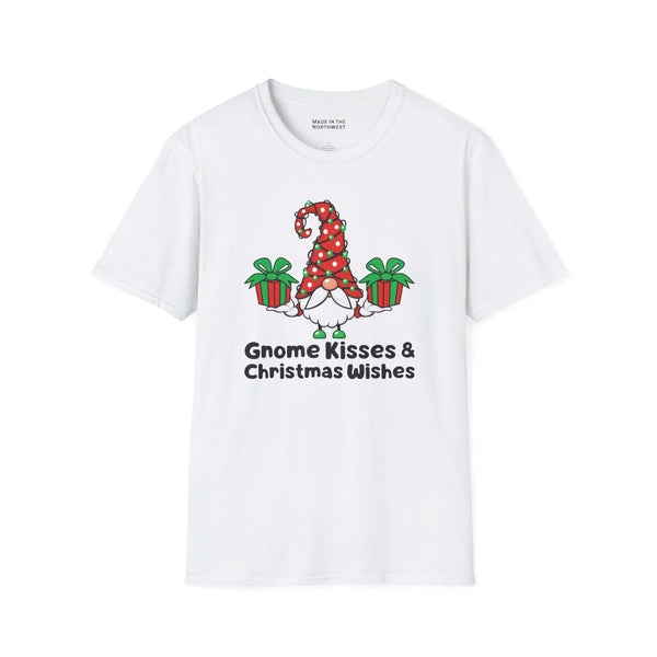 Gnome Kisses and Christmas Wishes T Shirt featuring a gnome with a candy-cane hat and two wrapped gifts.