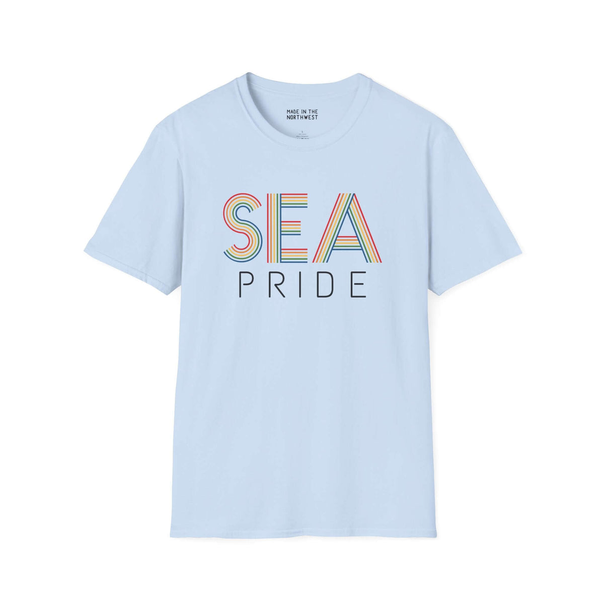 Pride in SEA Rainbow Softstyle T-Shirt featuring rainbow city lettering on a light blue background.