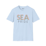 Pride in SEA Rainbow Softstyle T-Shirt featuring rainbow city lettering on a light blue background.