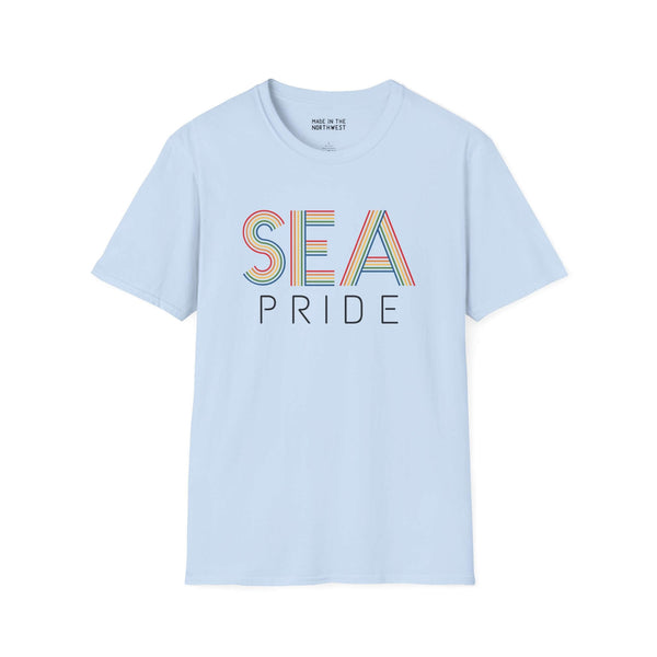 Pride in SEA Rainbow Softstyle T-Shirt featuring rainbow city lettering on a light blue background.