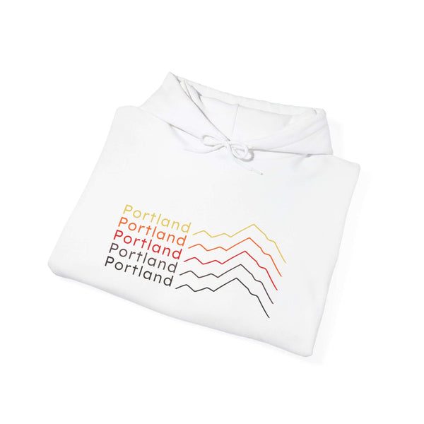 Portland Minimalist Mountain hoodie featuring stacked mountains design in mid-century colors.