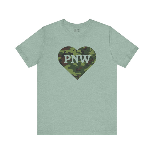 Camouflage PNW heart graphic tee in mint color, ideal for showing Pacific Northwest pride.