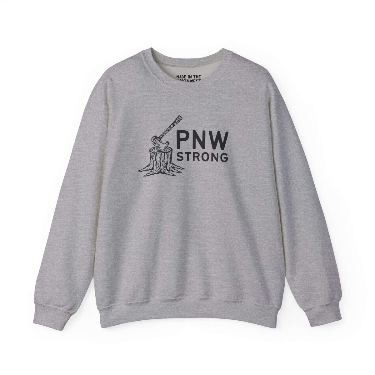 PNW Strong Crewneck Sweatshirt featuring axe-in-stump design, perfect for outdoor enthusiasts in the Pacific Northwest.