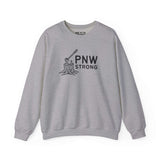 PNW Strong Crewneck Sweatshirt featuring axe-in-stump design, perfect for outdoor enthusiasts in the Pacific Northwest.