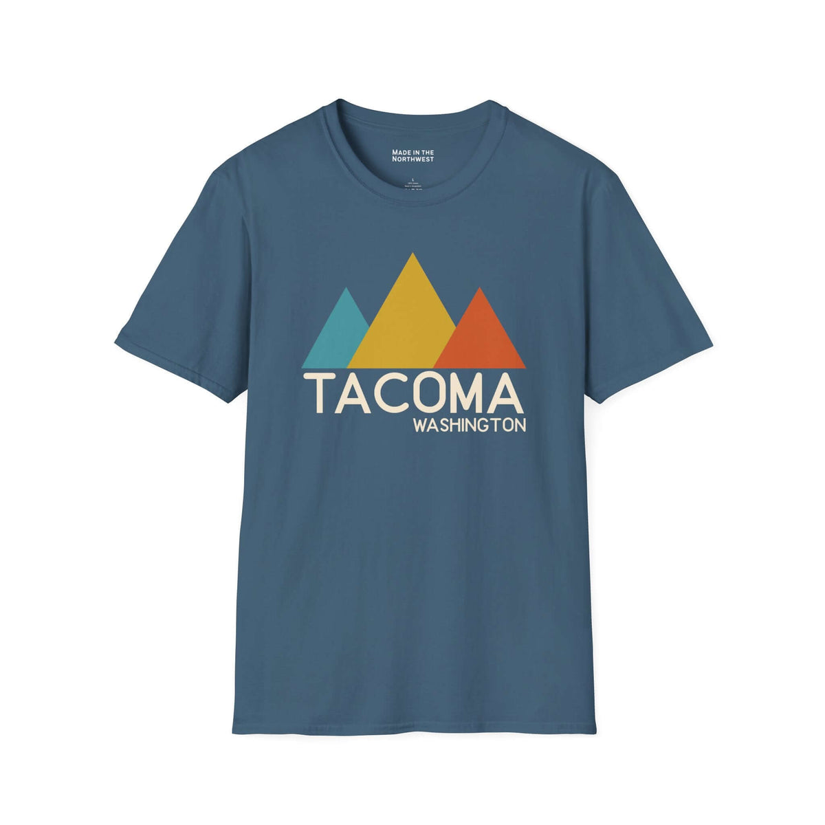 Modern Peaks Tacoma T Shirt featuring minimalist mountain design and Tacoma, Washington text.
