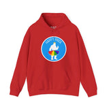 Red hoodie featuring Bigfoot silhouette wearing a rainbow tutu with “Happy Pride” text, perfect for Pride celebrations and events.