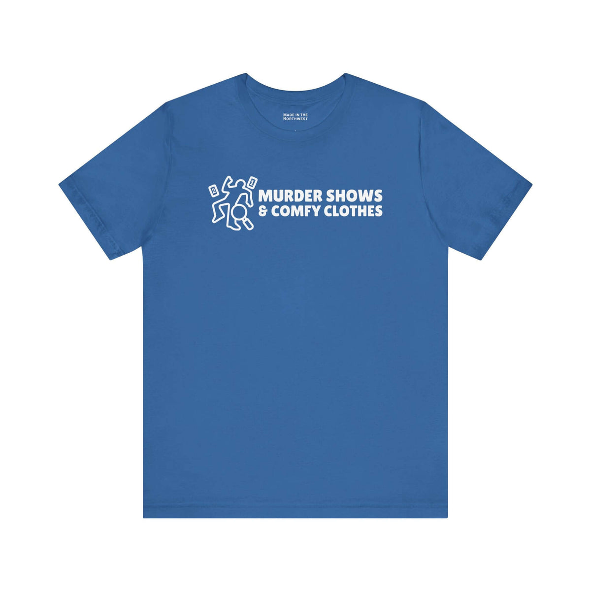Murder Shows & Comfy Clothes T Shirt in blue with a minimalist graphic on the chest.