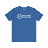 Murder Shows & Comfy Clothes T Shirt in blue with a minimalist graphic on the chest.