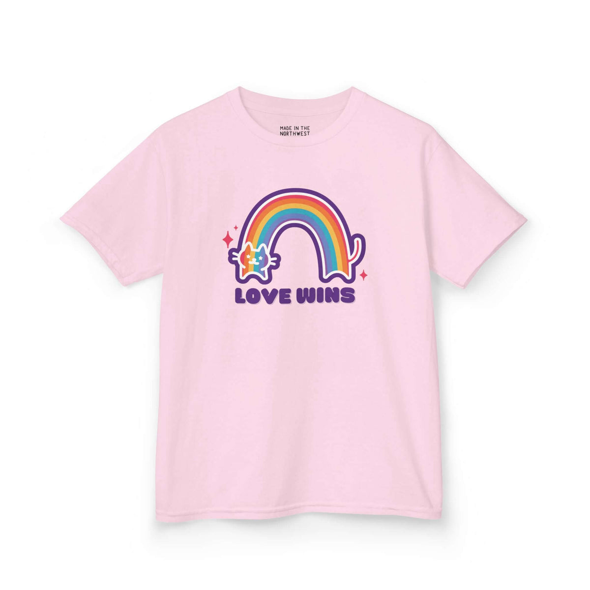 Pink kids' tee featuring a rainbow and 'Love Wins' message, promoting joy and acceptance in a comfortable design.