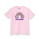 Pink kids' tee featuring a rainbow and 'Love Wins' message, promoting joy and acceptance in a comfortable design.