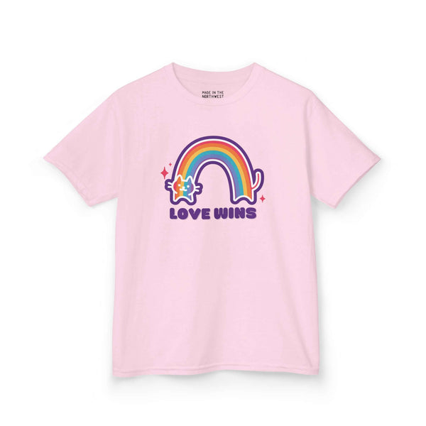 Pink kids' tee featuring a rainbow and 'Love Wins' message, promoting joy and acceptance in a comfortable design.