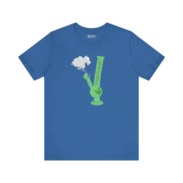 Blue tee shirt featuring bold green bong graphic and 'Toke It Easy' text, celebrating cannabis culture.