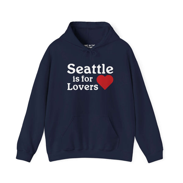 "Seattle is for Lovers hoodie with heart graphic on navy blue sweatshirt"