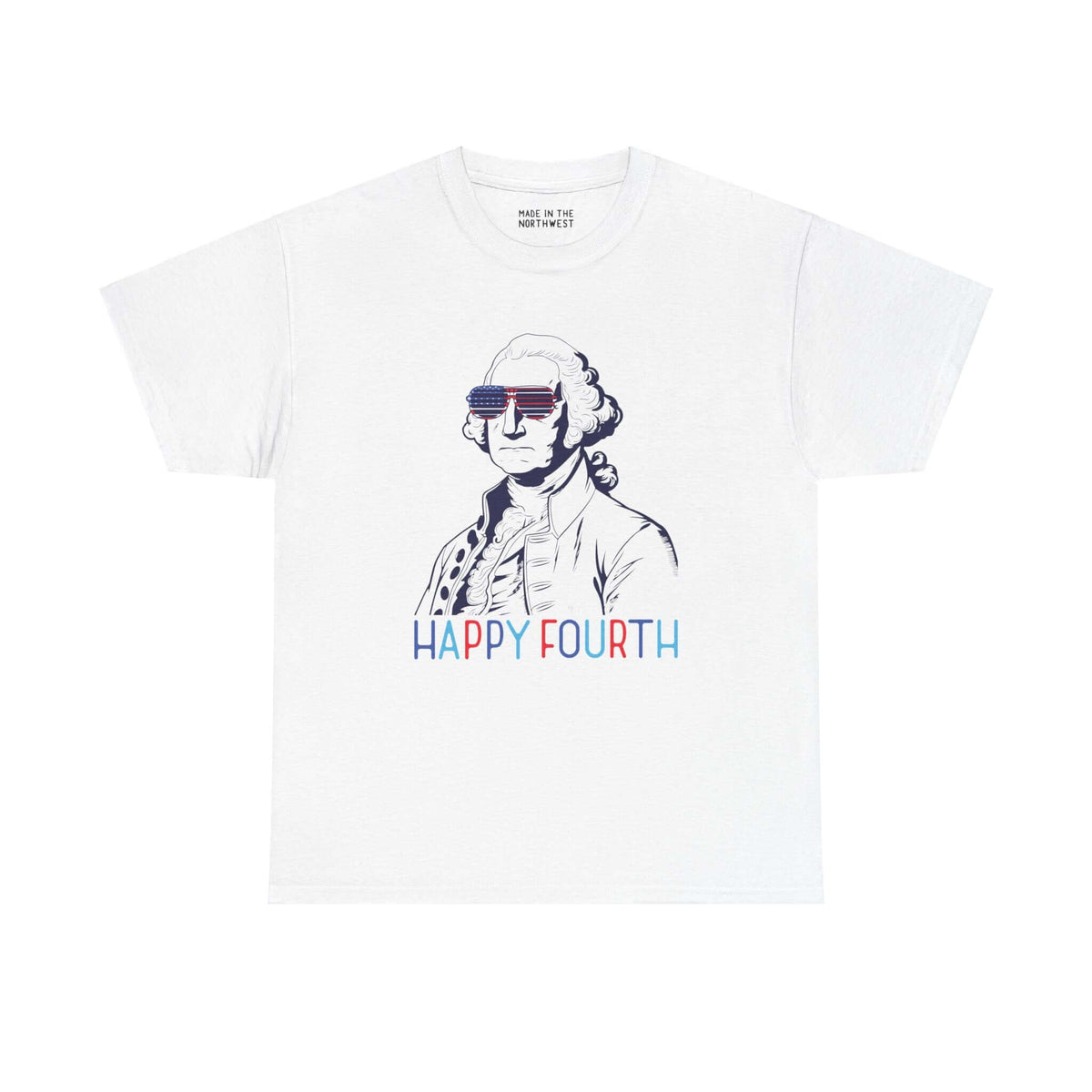 George Washington Fourth of July tee with USA sunglasses, "Happy Fourth" text, patriotic red, white, and blue design.