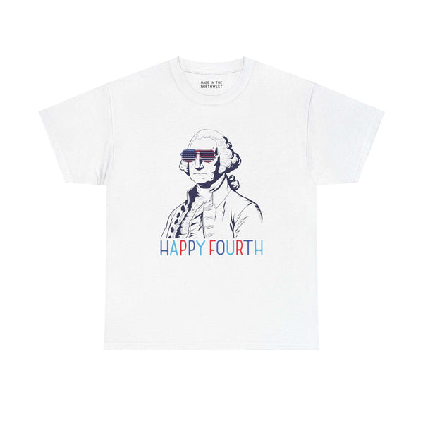 George Washington Fourth of July tee with USA sunglasses, "Happy Fourth" text, patriotic red, white, and blue design.