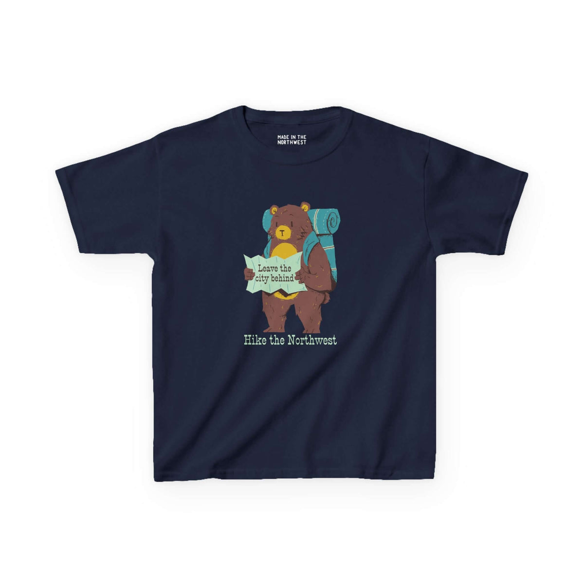 Kids' navy tee featuring a bear with a backpack and map, perfect for outdoor adventures in the Northwest.
