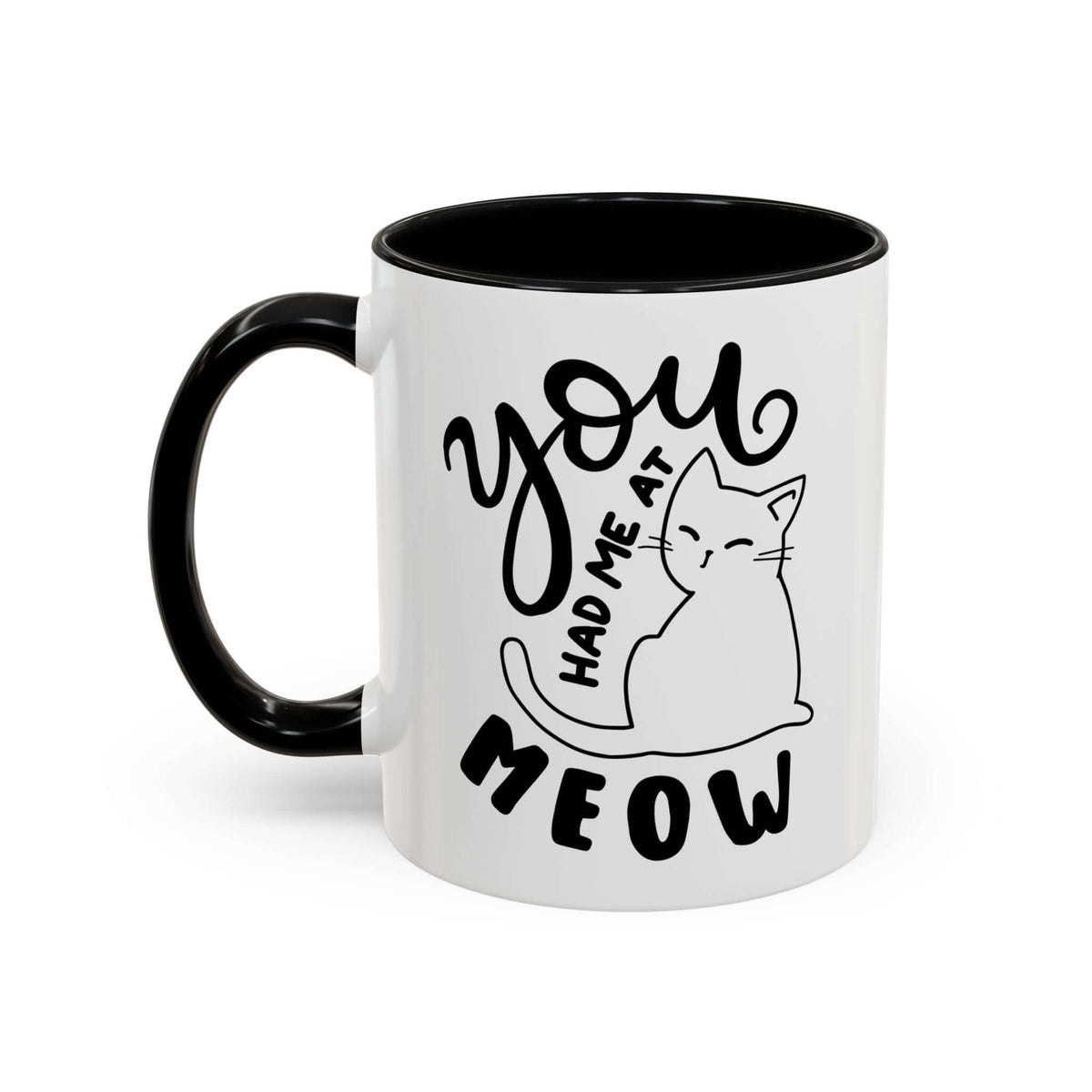 You Had Me at Meow Mug featuring a minimalist cat design and hand-lettered text on a glossy white surface.