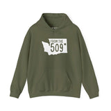 From the 509 Spokane hoodie in olive green with Washington state silhouette and bold text design.