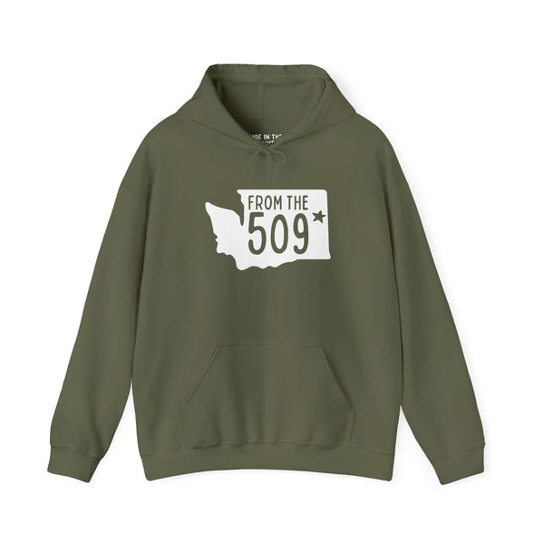 From the 509 Spokane hoodie in olive green with Washington state silhouette and bold text design.