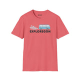 Exploregon Adventure Van softstyle t-shirt in coral featuring a retro van and bold lettering for outdoor enthusiasts.