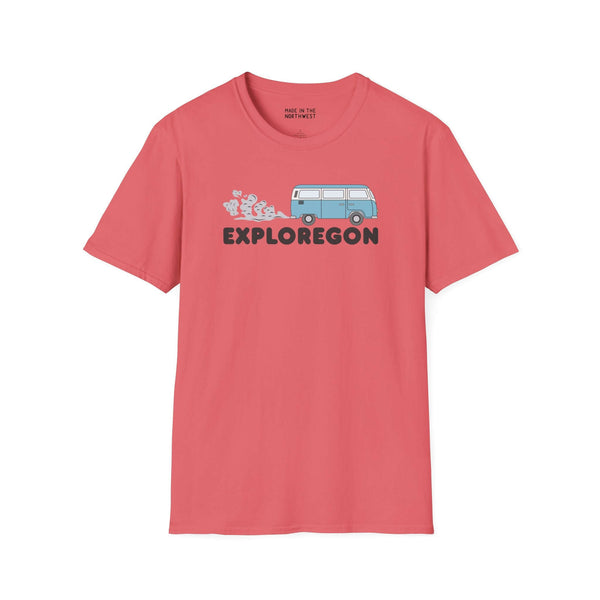 Exploregon Adventure Van softstyle t-shirt in coral featuring a retro van and bold lettering for outdoor enthusiasts.