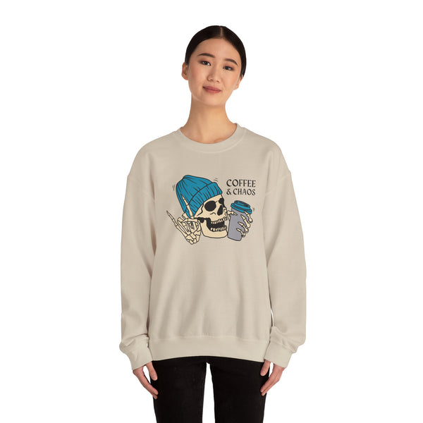 Woman wearing Coffee & Chaos skeleton vibes sweatshirt with coffee graphics, embracing caffeinated rebellion.