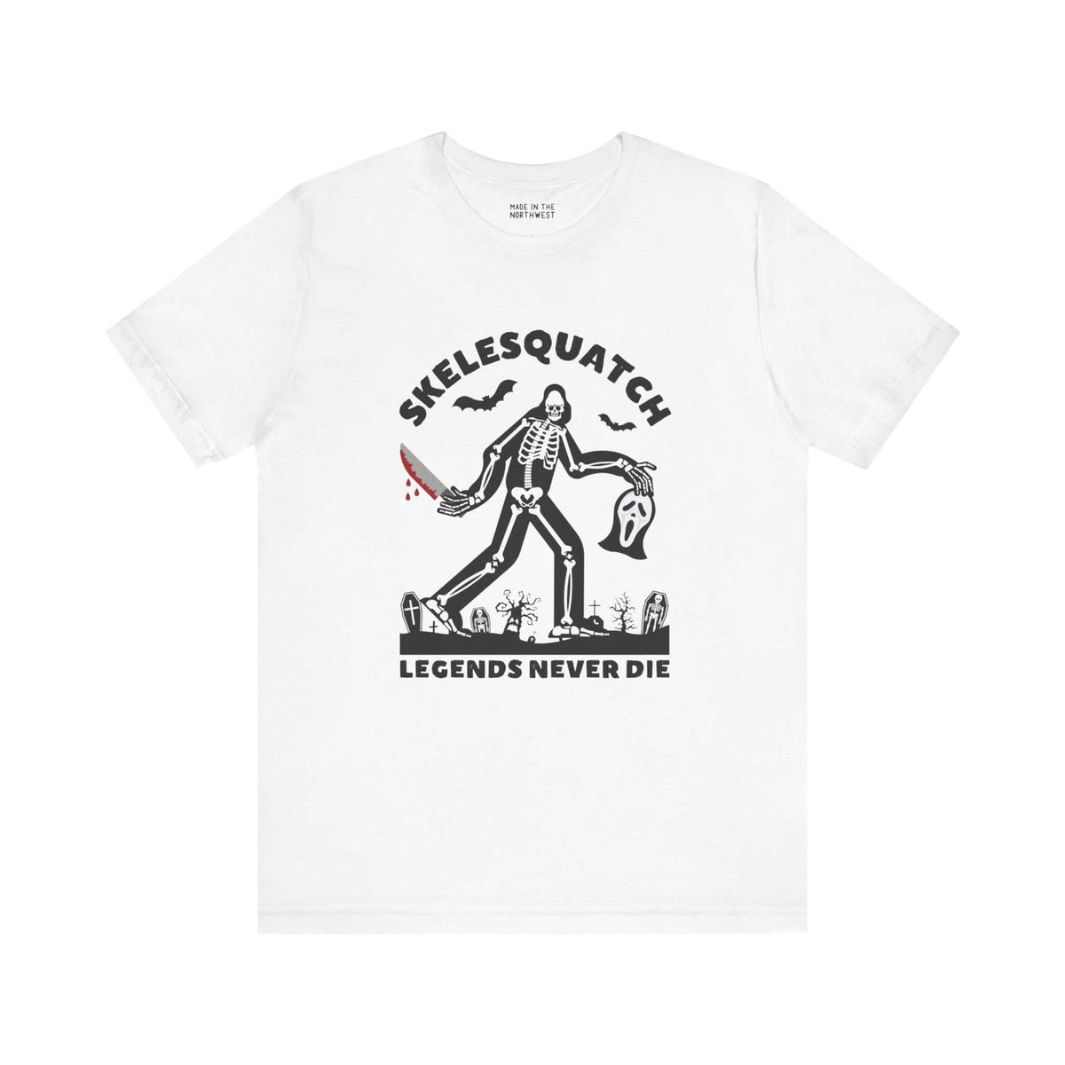 Skelesquatch Legends Never Die Halloween tee with skeleton sasquatch, bloody knife, and Scream mask in graveyard design.