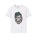 Hipster Squatch unisex softstyle t-shirt featuring Sasquatch in beanie and glasses, stylish and trendy.