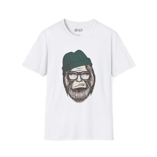Hipster Squatch unisex softstyle t-shirt featuring Sasquatch in beanie and glasses, stylish and trendy.