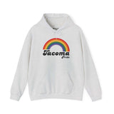 Retro Tacoma Pride hoodie featuring a vibrant rainbow design representing love and equality.