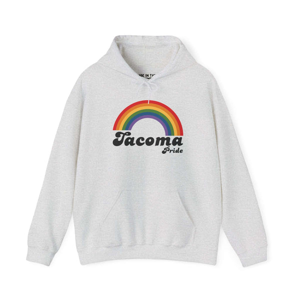 Retro Tacoma Pride hoodie featuring a vibrant rainbow design representing love and equality.